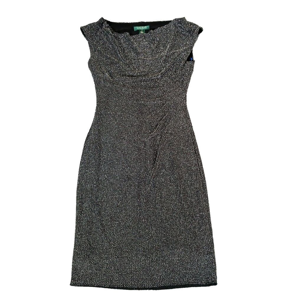 Lauren Ralph Lauren Womens Black & Silver Metallic Sheath Dress Ruche Size 4P‎